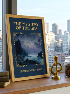 The Mystery Of The Sea Classic Book Art Print by Bram Stoker – framed print on a city-view windowsill