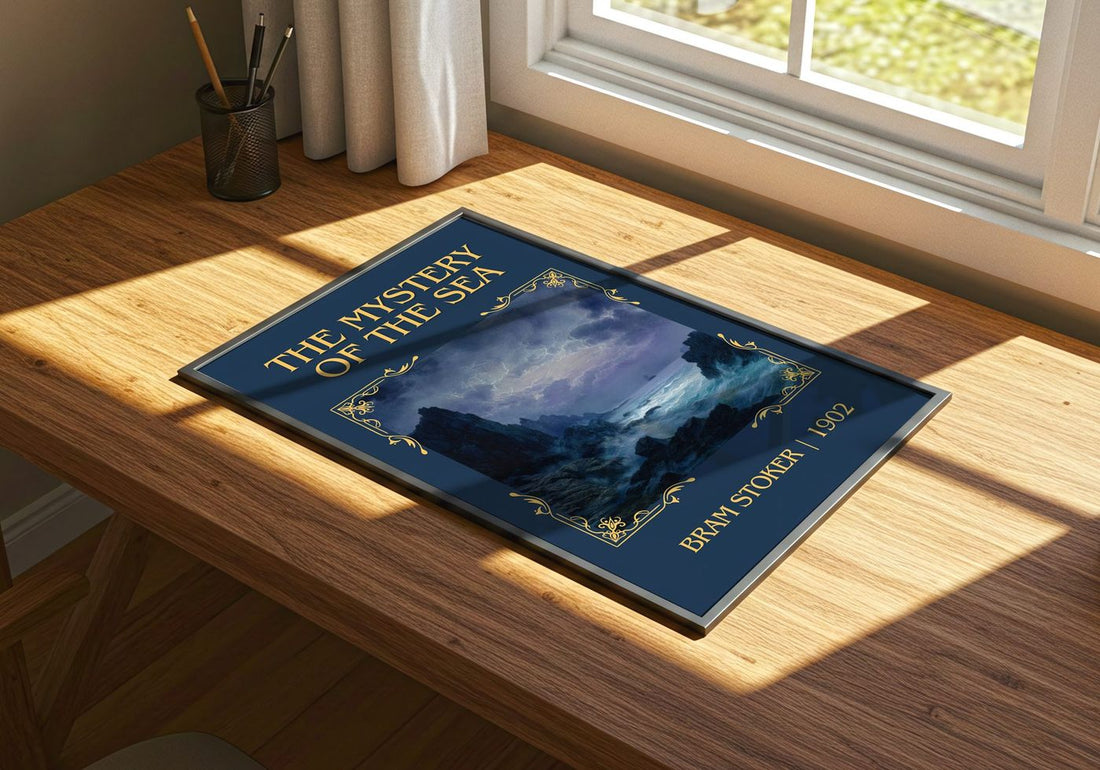 The Mystery Of The Sea Classic Book Art Print by Bram Stoker – print on a sunlit desk
