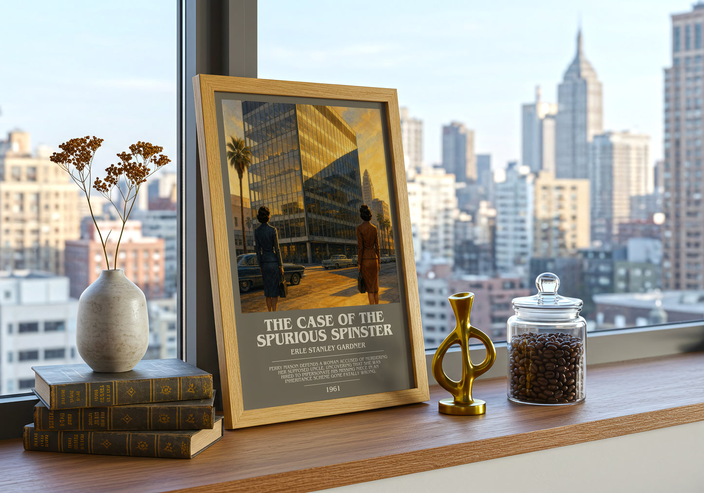 The Case Of The Spurious Spinster bookish print framed by window – literary home decor