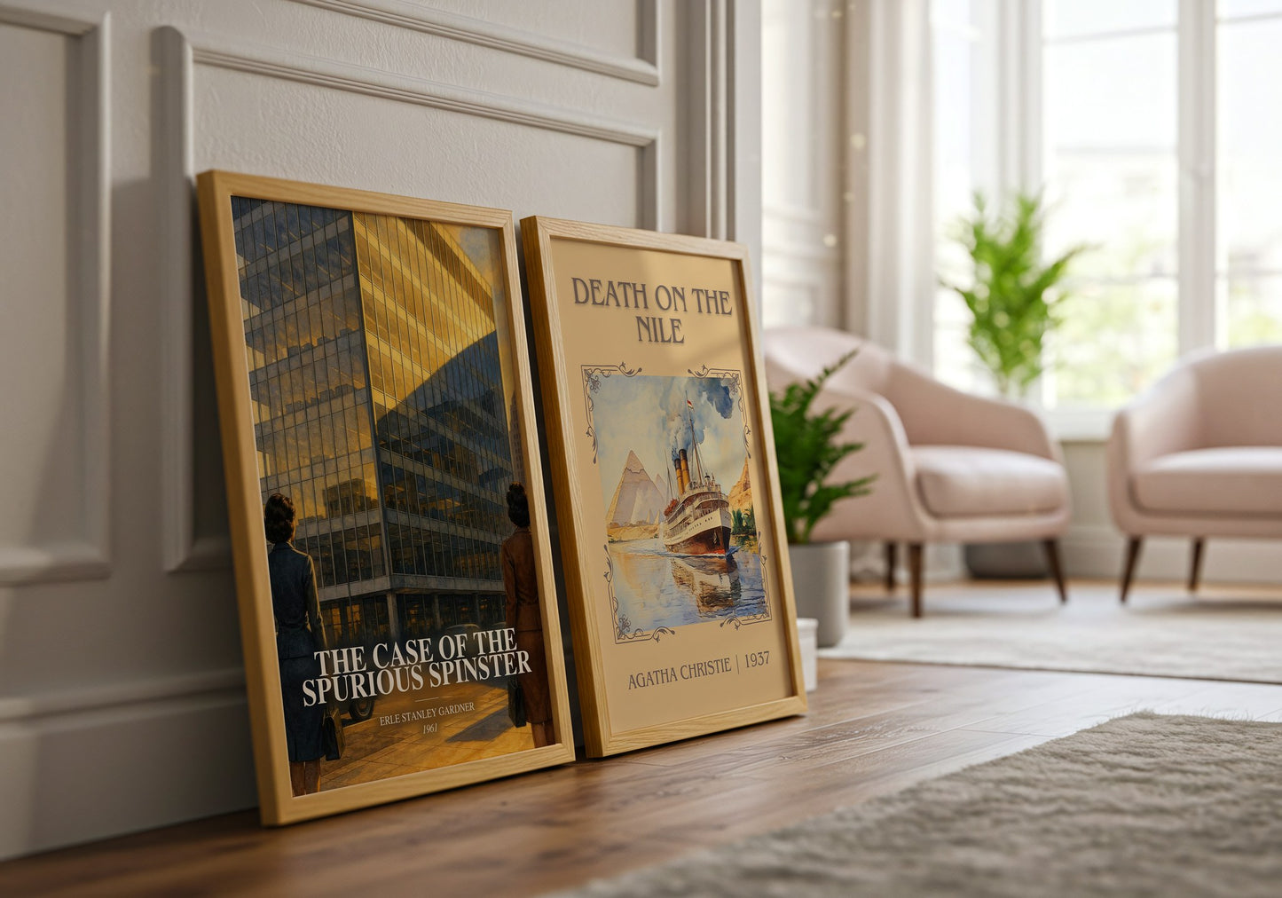 The Case Of The Spurious Spinster watercolour print framed by window – literary home decor