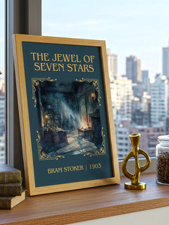 The Jewel Of Seven Stars Classic Book Art Print by Bram Stoker – framed print on a city-view windowsill