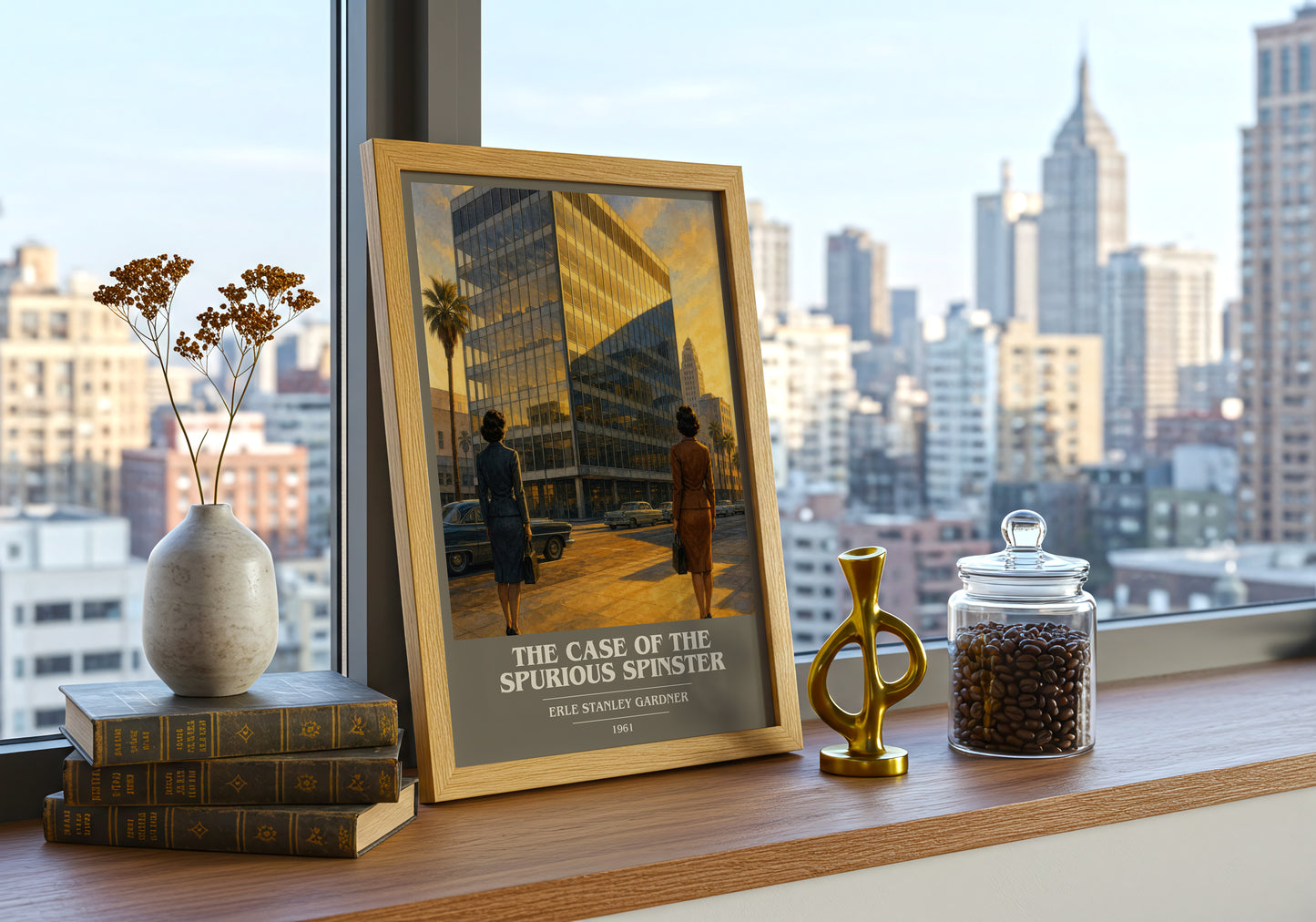 The Case Of The Spurious Spinster book cover print framed by window – literary home decor