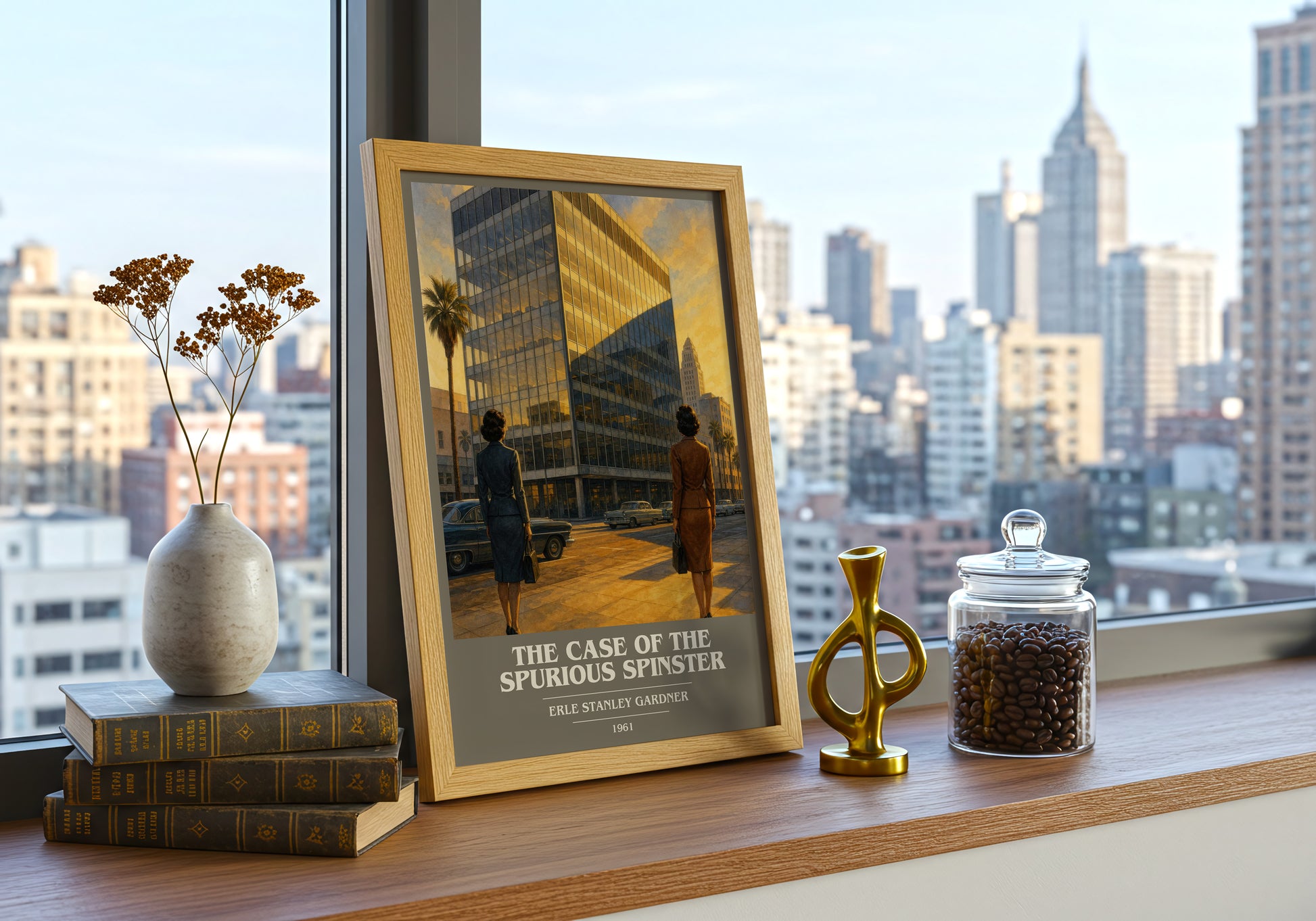 The Case Of The Spurious Spinster book cover print framed by window – literary home decor