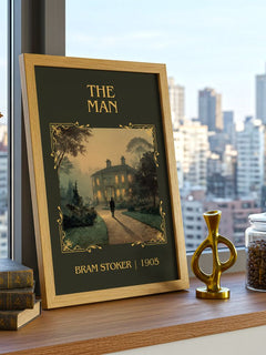 The Man Classic Book Art Print by Bram Stoker – framed print on a city-view windowsill
