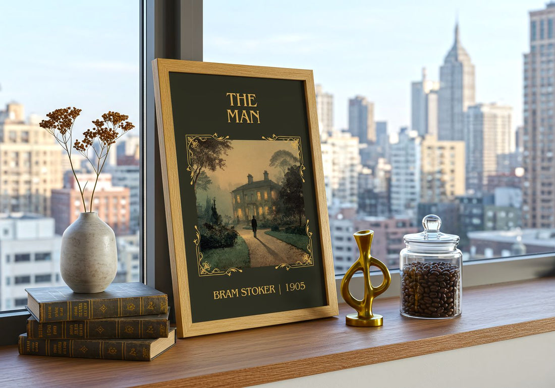 The Man Classic Book Art Print by Bram Stoker – framed print on a city-view windowsill