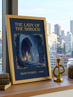 The Lady Of The Shroud Classic Book Art Print by Bram Stoker – framed print on a city-view windowsill