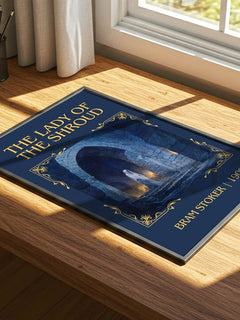 The Lady Of The Shroud Classic Book Art Print by Bram Stoker – print on a sunlit desk