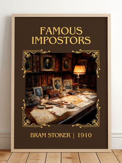 Famous Impostors Classic Book Art Print by Bram Stoker – framed print leaning on a wooden floor