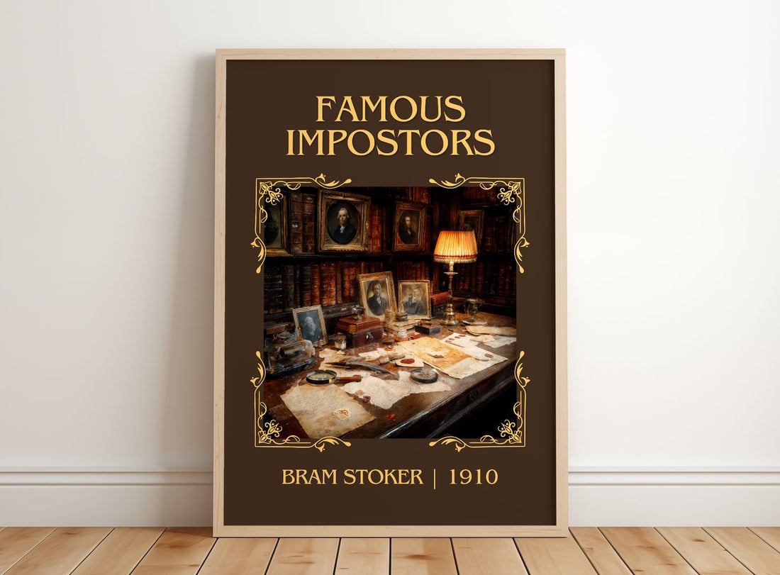 Famous Impostors Classic Book Art Print by Bram Stoker – framed print leaning on a wooden floor