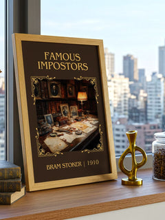 Famous Impostors Classic Book Art Print by Bram Stoker – framed print on a city-view windowsill