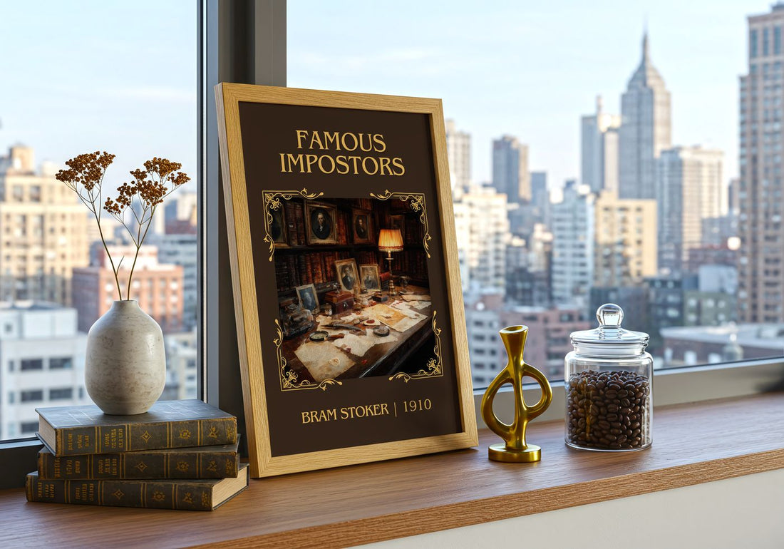Famous Impostors Classic Book Art Print by Bram Stoker – framed print on a city-view windowsill