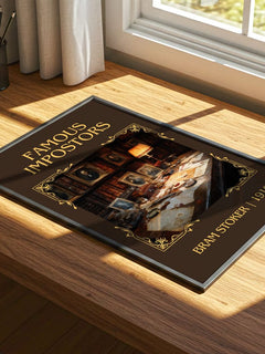 Famous Impostors Classic Book Art Print by Bram Stoker – print on a sunlit desk