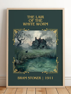 The Lair Of The White Worm Classic Book Art Print by Bram Stoker – framed print leaning on a wooden floor