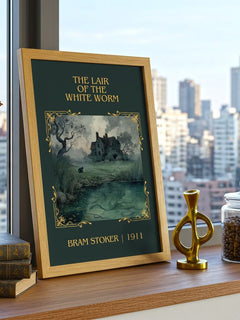 The Lair Of The White Worm Classic Book Art Print by Bram Stoker – framed print on a city-view windowsill