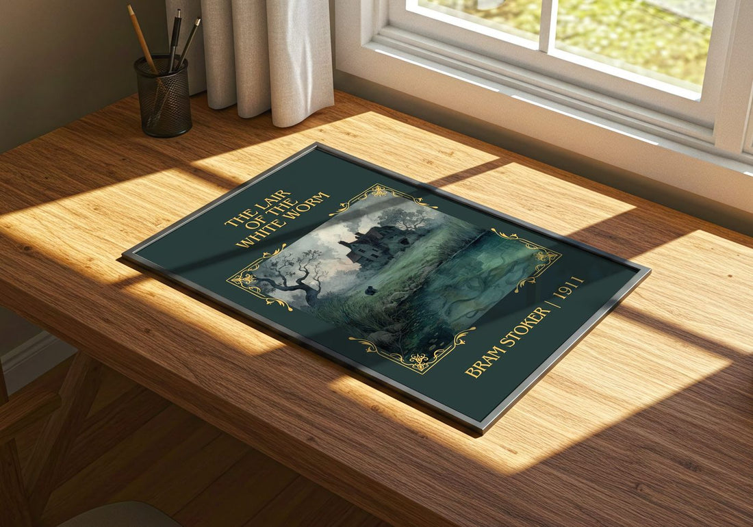 The Lair Of The White Worm Classic Book Art Print by Bram Stoker – print on a sunlit desk