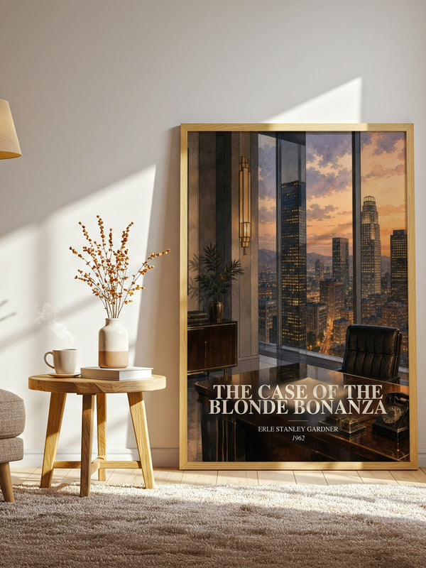 The Case Of The Blonde Bonanza watercolour print in frame leaning in hallway – mystery wall art