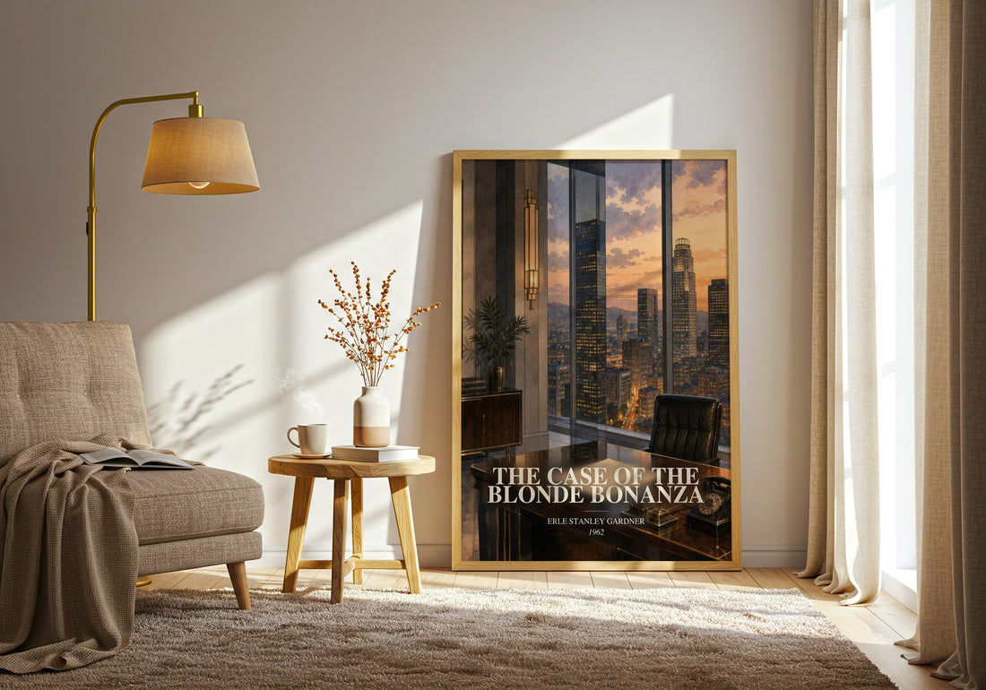 The Case Of The Blonde Bonanza watercolour print in frame leaning in hallway – mystery wall art (mockup)