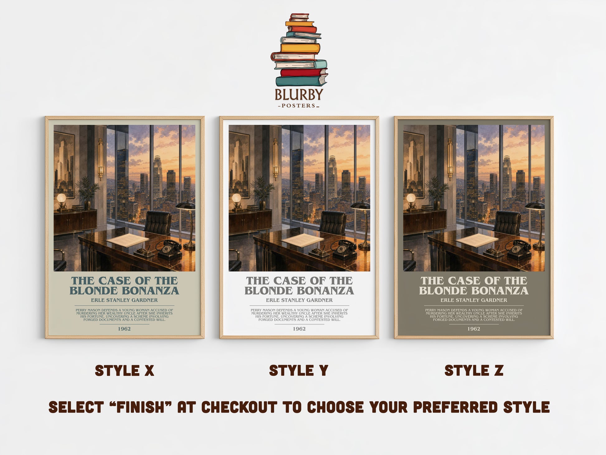 The Case Of The Blonde Bonanza bookish print in frame leaning in hallway – mystery wall art