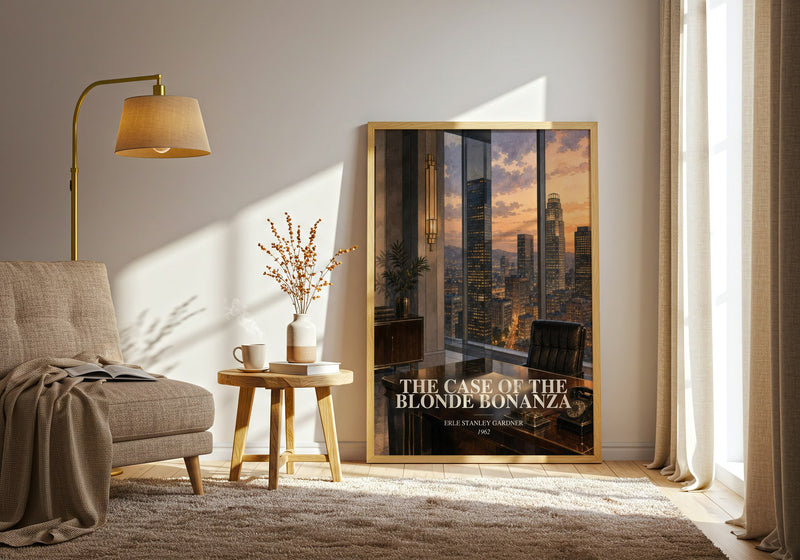 The Case Of The Blonde Bonanza watercolour print in frame leaning in hallway – mystery wall art