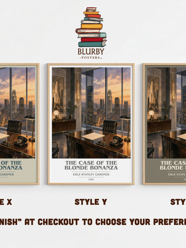 The Case Of The Blonde Bonanza book cover print in frame leaning in hallway – mystery wall art