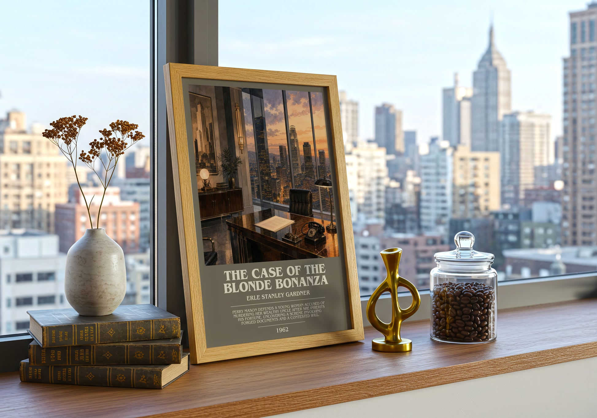 The Case Of The Blonde Bonanza bookish print framed by window – literary home decor