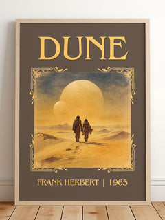 Dune Classic Book Art Print by Frank Herbert – framed print leaning on a wooden floor