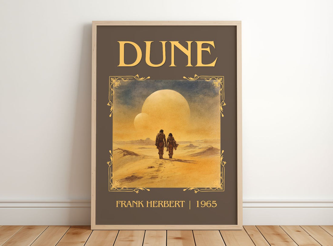 Dune Classic Book Art Print by Frank Herbert – framed print leaning on a wooden floor
