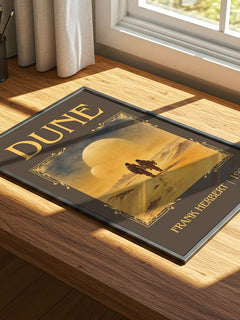 Dune Classic Book Art Print by Frank Herbert – print on a sunlit desk