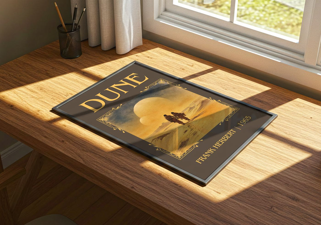 Dune Classic Book Art Print by Frank Herbert – print on a sunlit desk