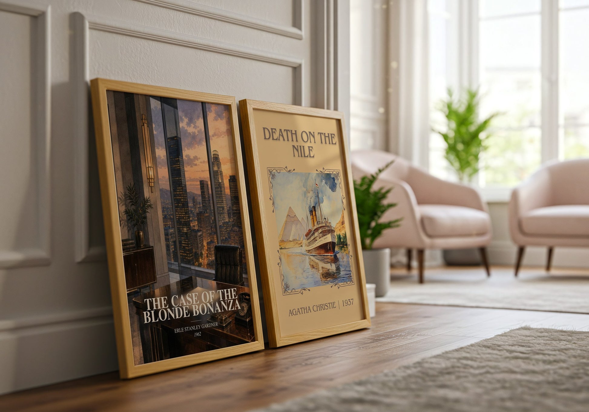 The Case Of The Blonde Bonanza watercolour print framed by window – literary home decor