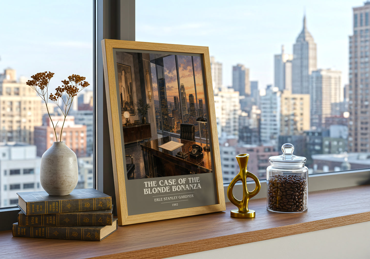 The Case Of The Blonde Bonanza book cover print framed by window – literary home decor