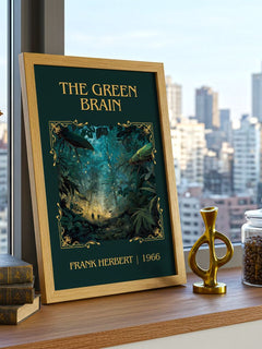 The Green Brain Classic Book Art Print by Frank Herbert – framed print on a city-view windowsill