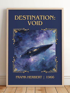 Destination: Void Classic Book Art Print by Frank Herbert – framed print leaning on a wooden floor