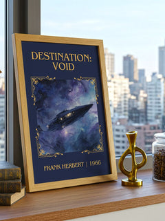 Destination: Void Classic Book Art Print by Frank Herbert – framed print on a city-view windowsill