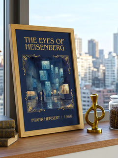 The Eyes Of Heisenberg Classic Book Art Print by Frank Herbert – framed print on a city-view windowsill