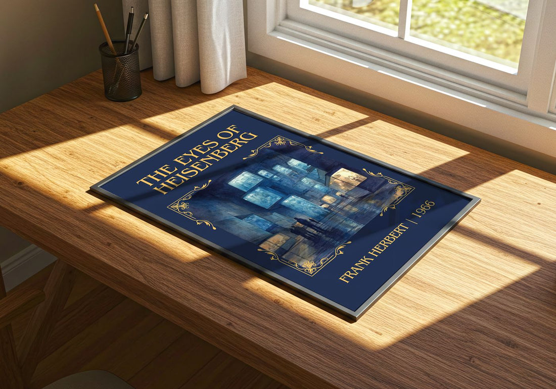 The Eyes Of Heisenberg Classic Book Art Print by Frank Herbert – print on a sunlit desk