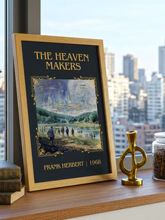 The Heaven Makers Classic Book Art Print by Frank Herbert – framed print on a city-view windowsill