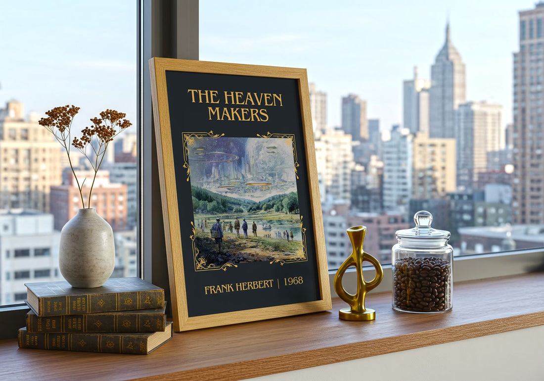 The Heaven Makers Classic Book Art Print by Frank Herbert – framed print on a city-view windowsill