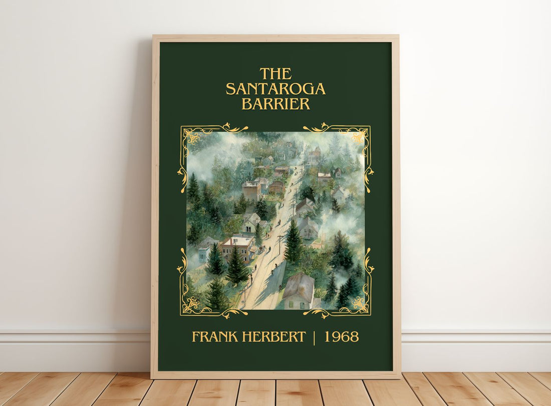 The Santaroga Barrier Classic Book Art Print by Frank Herbert – framed print leaning on a wooden floor