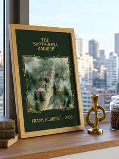 The Santaroga Barrier Classic Book Art Print by Frank Herbert – framed print on a city-view windowsill