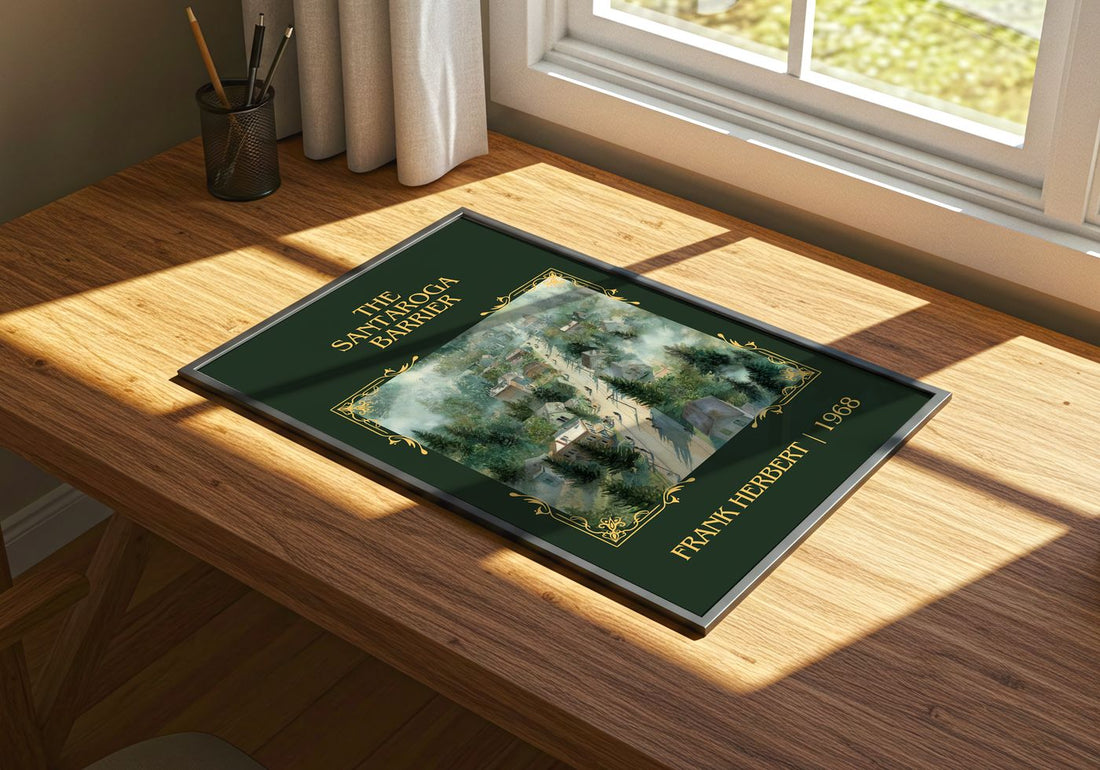 The Santaroga Barrier Classic Book Art Print by Frank Herbert – print on a sunlit desk