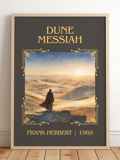 Dune Messiah Classic Book Art Print by Frank Herbert – framed print leaning on a wooden floor