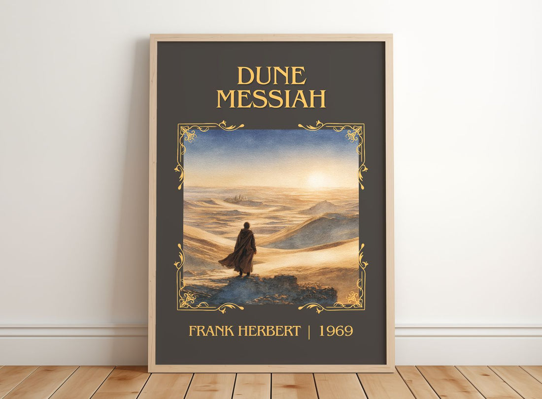 Dune Messiah Classic Book Art Print by Frank Herbert – framed print leaning on a wooden floor
