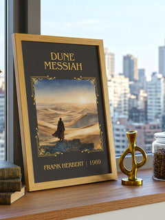 Dune Messiah Classic Book Art Print by Frank Herbert – framed print on a city-view windowsill