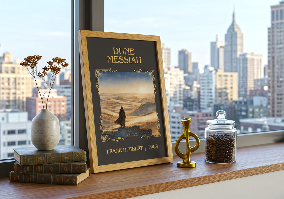 Dune Messiah Classic Book Art Print by Frank Herbert – framed print on a city-view windowsill
