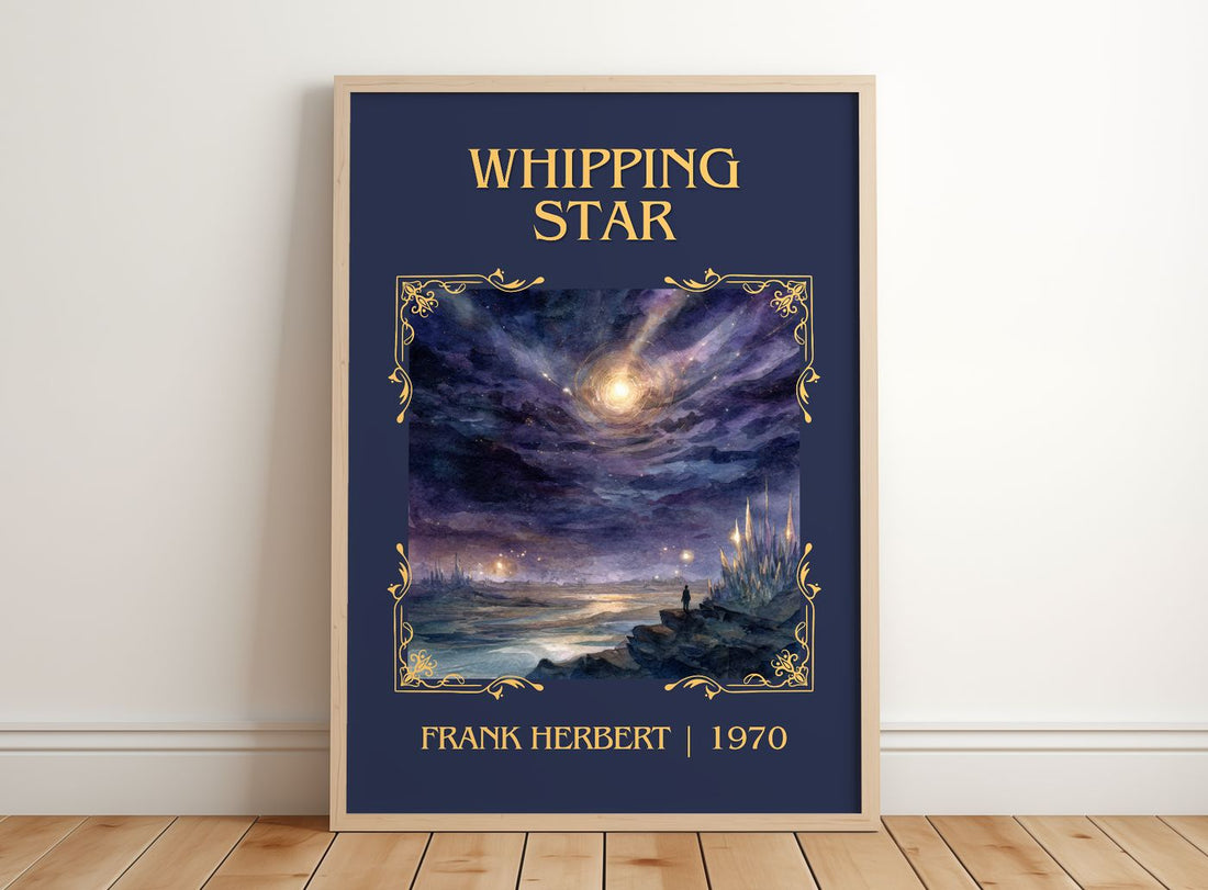 Whipping Star Classic Book Art Print by Frank Herbert – framed print leaning on a wooden floor