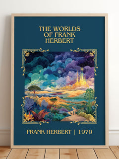 The Worlds Of Frank Herbert Classic Book Art Print by Frank Herbert – framed print leaning on a wooden floor