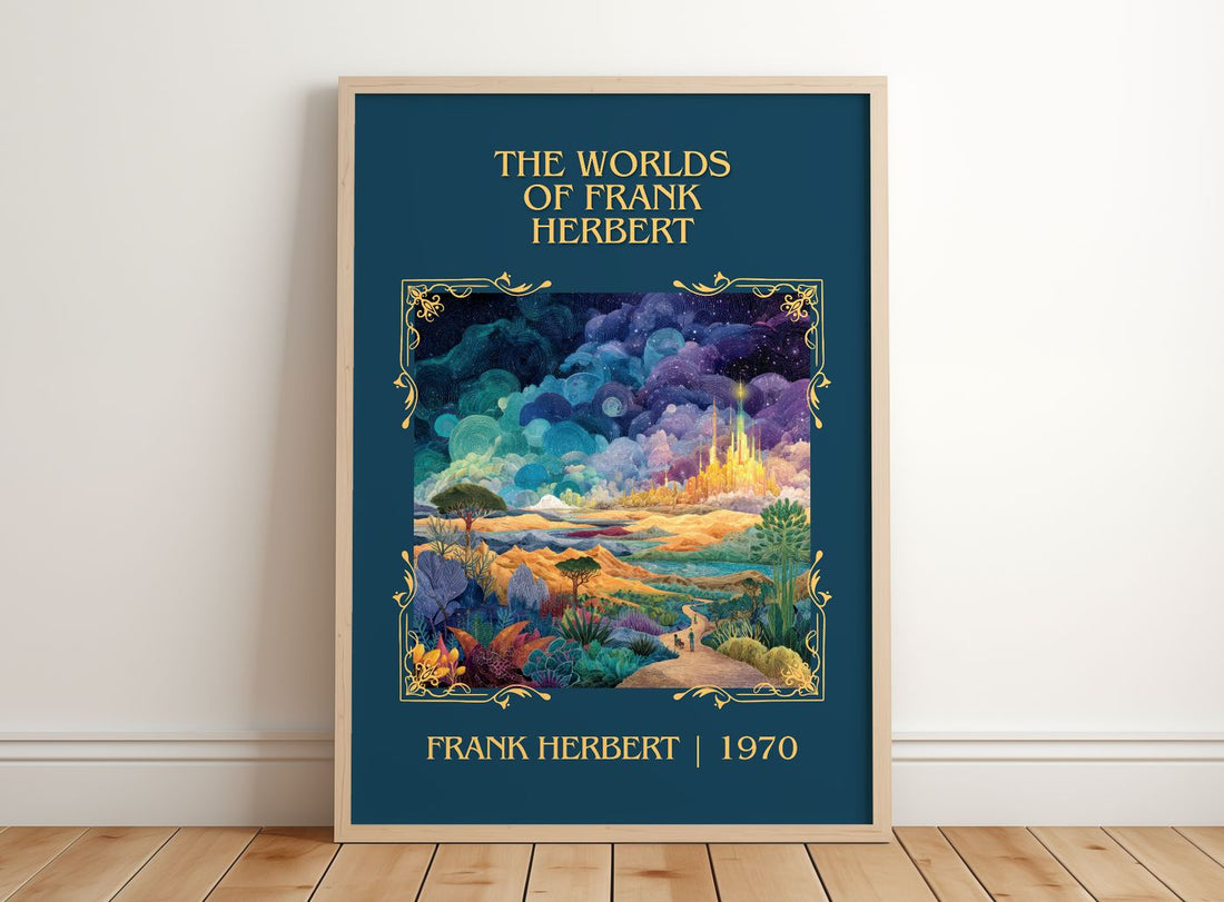 The Worlds Of Frank Herbert Classic Book Art Print by Frank Herbert – framed print leaning on a wooden floor
