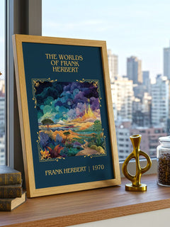 The Worlds Of Frank Herbert Classic Book Art Print by Frank Herbert – framed print on a city-view windowsill