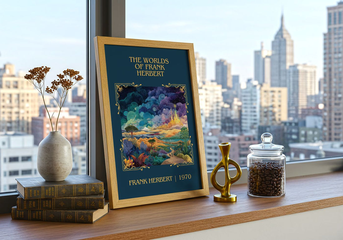 The Worlds Of Frank Herbert Classic Book Art Print by Frank Herbert – framed print on a city-view windowsill